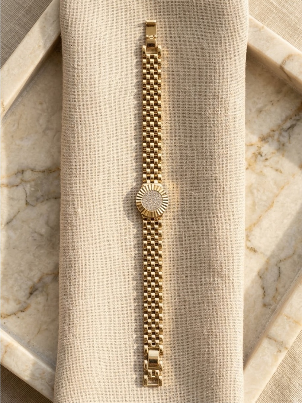 14K Gold Filled Crystal Medallion Link Bracelet 7-8” Adjustable Women’s Jewelry
